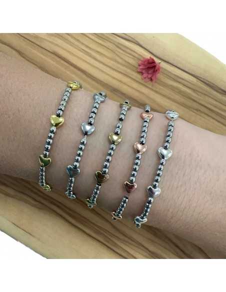 Kit bracciale con cuori ematite oro/argento/rodio e palline acciaio 3mm | GDO