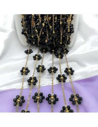 Catena con Fiori margherita Nero distanziati 25mm in Acciaio dorato 50cm | GDO