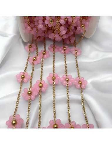 Catena con Fiori margherita Rosa intenso distanziati 25mm in Acciaio dorato 50cm | GDO