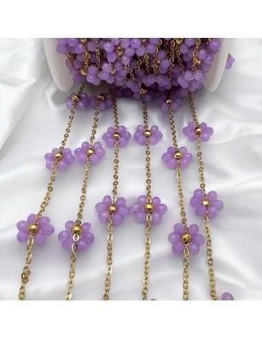 Catena con Fiori margherita Lilla intenso distanziati 25mm in Acciaio dorato 50cm | GDO