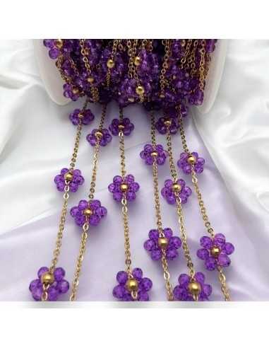 Catena con Fiori margherita Viola distanziati 25mm in Acciaio dorato 50cm | GDO