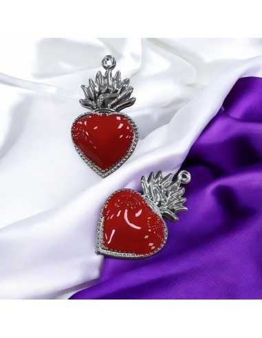 Ciondolo Sacro Cuore Smaltato Rosso 24x40 mm Base Argento 1pz Gioie d'Oriente