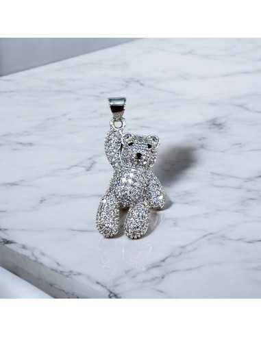 Ciondolo orsetto in ottone argento con zircone e strass 14.5x32mm 1pz Gioie d'Oriente