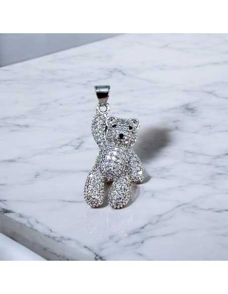 Ciondolo orsetto in ottone argento con zircone e strass 14.5x32mm 1pz Gioie d'Oriente
