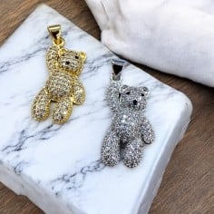 Ciondolo orsetto in ottone con zircone e strass 14.5x32mm 1pz Gioie d'Oriente