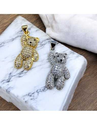 Ciondolo orsetto in ottone con zircone e strass 14.5x32mm 1pz Gioie d'Oriente