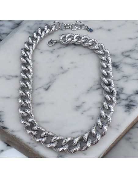 Collana in acciaio rodio con maglia groumette zigrinata 42+5cm | GDO