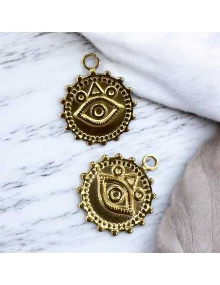 Ciondolo medaglia occhio greco in acciaio inox variante oro 18x22 mm Gioie d'Oriente
