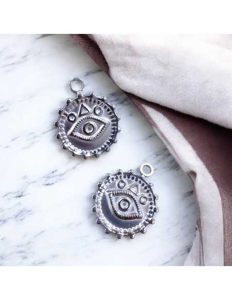 Ciondolo medaglia occhio greco in acciaio inox variante acciaio 18x22 mm Gioie d'Oriente