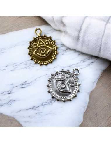 Ciondolo medaglia occhio greco in acciaio inox 18x22 mm 1pz Gioie d'Oriente
