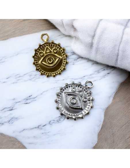 Ciondolo medaglia occhio greco in acciaio inox 18x22 mm 1pz Gioie d'Oriente