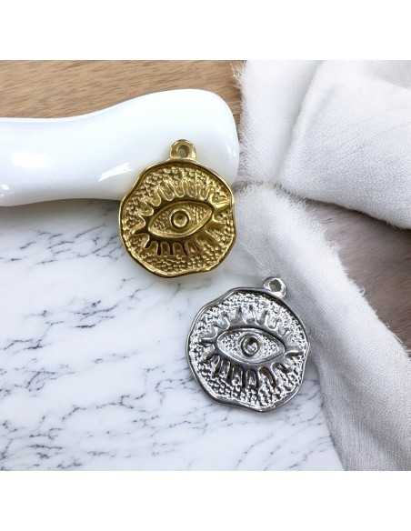 Ciondolo medaglia irregolare con occhio in acciaio inox 19x22 mm 1pz Gioie d'Oriente