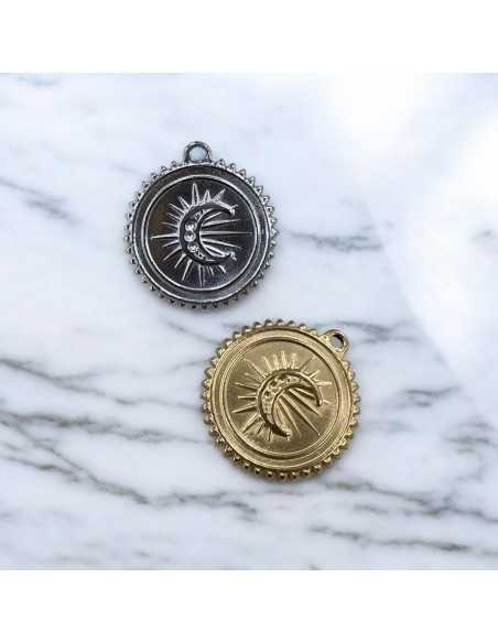 Ciondolo medaglia con luna centrale in acciaio inox 18x20 mm 1pz Gioie d'Oriente