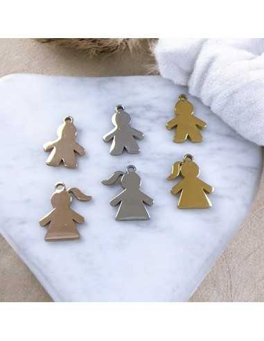 Ciondolo bimbo e bimba in acciaio inox lucido 11x15 e 13x15 mm 1pz Gioie d'Oriente