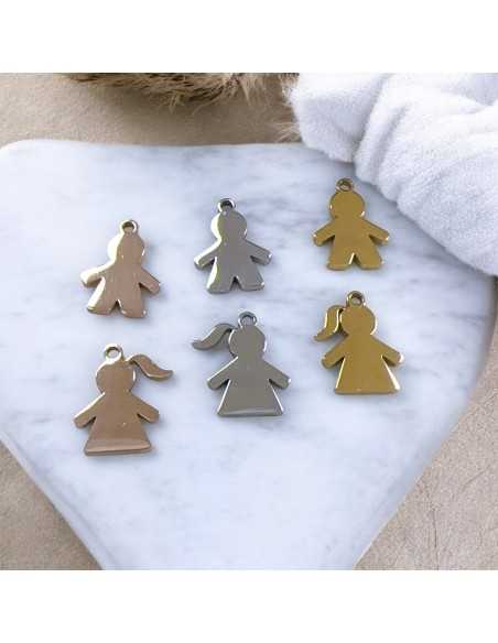 Ciondolo bimbo e bimba in acciaio inox lucido 11x15 e 13x15 mm 1pz Gioie d'Oriente