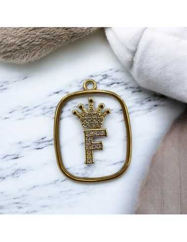 Piastra in resina con lettera F e corona con strass 22x30mm 1pz Gioie d'Oriente