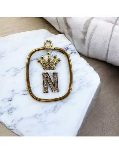 Piastra in resina con lettera N e corona con strass 22x30mm 1pz Gioie d'Oriente
