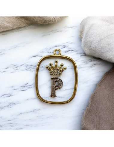 Piastra in resina con lettera P e corona con strass 22x30mm 1pz Gioie d'Oriente
