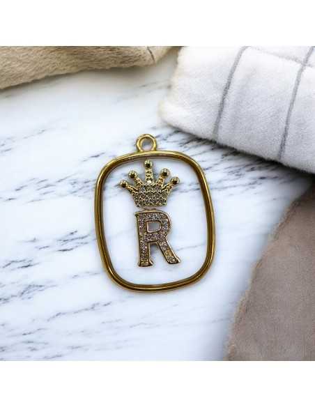 Piastra in resina con lettera R e corona con strass 22x30mm 1pz Gioie d'Oriente