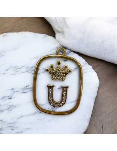 Piastra in resina con lettera U e corona con strass 22x30mm 1pz Gioie d'Oriente