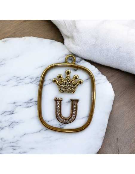 Piastra in resina con lettera U e corona con strass 22x30mm 1pz Gioie d'Oriente