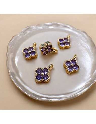 Mini charm fiore in ottone con zirconi ametista 7x10mm 1pz Gioie d'Oriente