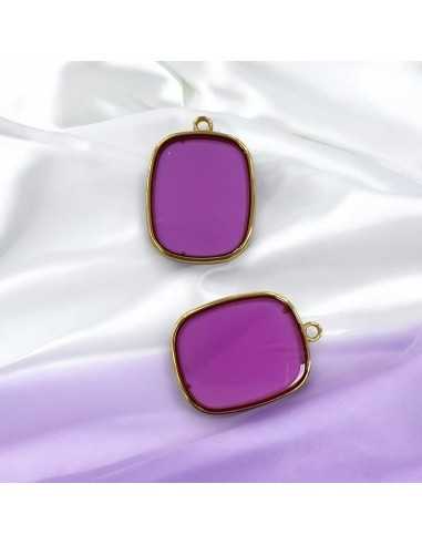 Ciondolo piastra in Resina trasparente colore violetto e Acciaio dorato 22x30mm 1pz | GDO