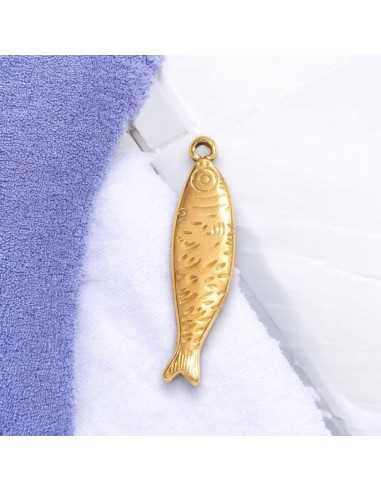 Ciondolo a forma di Pesce lungo inciso in acciaio dorato 10x40mm 1pz | GDO