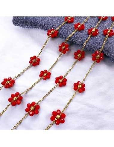 Catena con Fiori margherita Rossi distanziati 25mm in Acciaio dorato 50cm | GDO