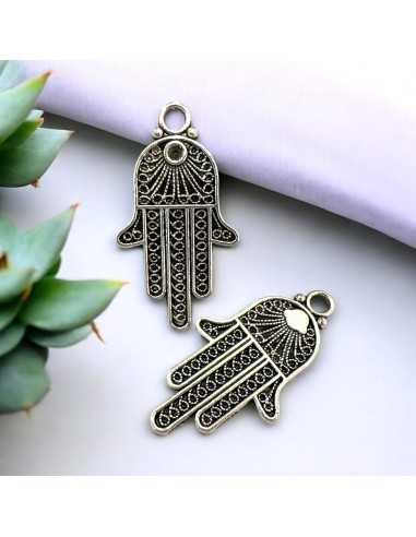 Ciondoli Mano di Fatima geometrici zama argento antico 21x39 mm 2pz Gioie d'Oriente