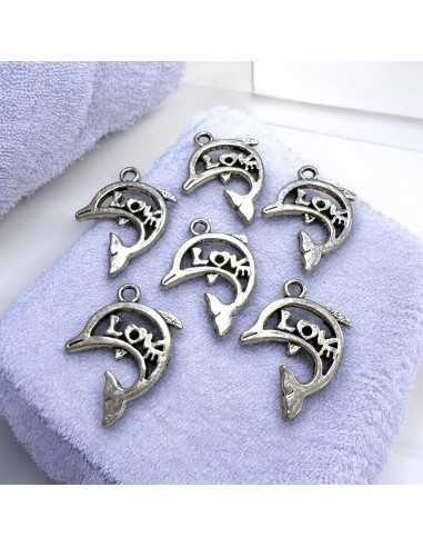 Ciondoli delfino traforato LOVE metallo argento 20x26 mm 6pz Gioie d'Oriente