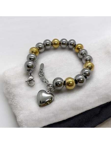 Bracciale sfere oro argento 8-12mm con cuore sonaglio | GDO