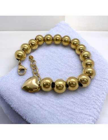 Bracciale sfere oro 8-12mm con cuore sonaglio pendente | GDO