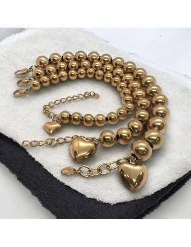 Bracciale sfere oro 8-12mm con cuore sonaglio pendente | GDO