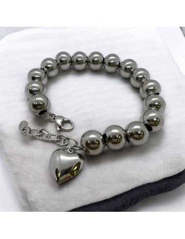 Bracciale sfere acciaio 8-12mm con cuore sonaglio pendente | GDO