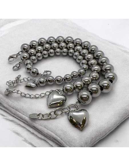 Bracciale sfere acciaio 8-12mm con cuore sonaglio pendente | GDO