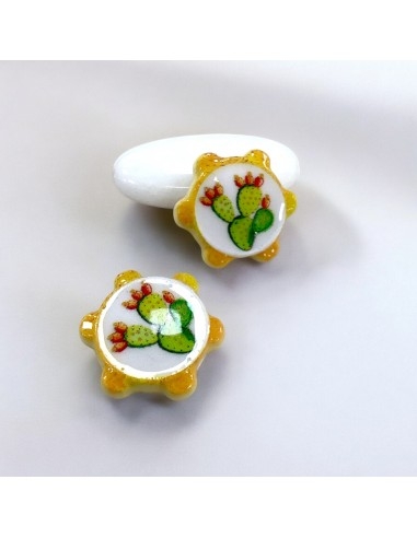 Tamburello in Ceramica gialla con disegno di cactus Ø18mm 2pz | GDO
