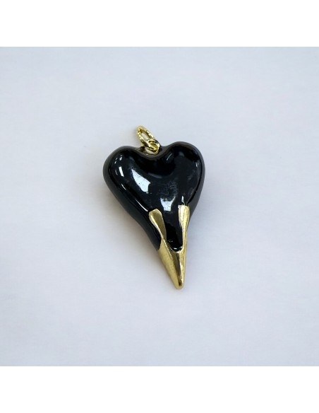 Ciondolo cuore allungato smaltato rosso e nero acciaio dorato 19x29 mm 1pz Gioie d'Oriente