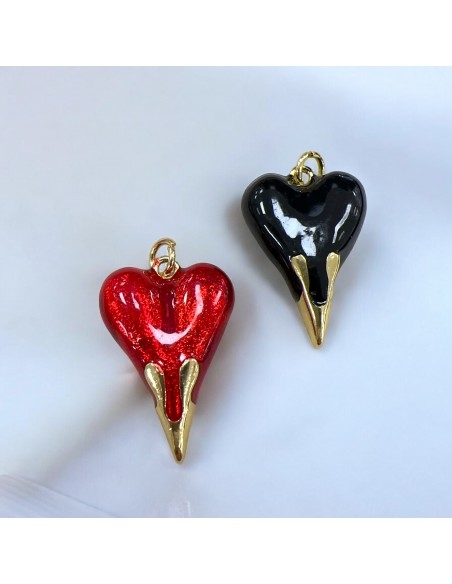 Ciondolo cuore allungato smaltato rosso e nero acciaio dorato 19x29 mm 1pz Gioie d'Oriente