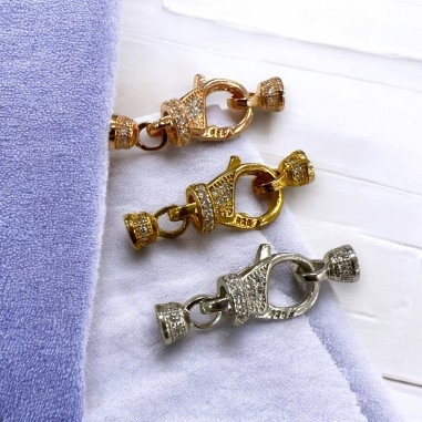 Chiusure a Moschettone con brillanti, in Argento 925, dimensione 24x9mm con coppette 4mm, marchio GDO