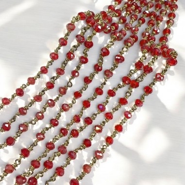 Catena rosario cristalli rosso lucido 3mm ottone filo oro 50cm | GDO