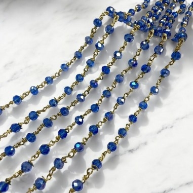 Catena rosario cristalli blu lucido 3mm ottone filo oro 50cm | GDO
