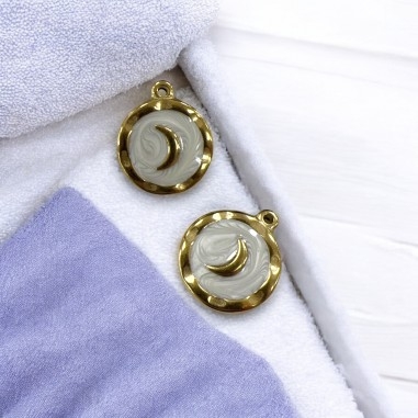 Ciondolo luna smaltato in acciaio oro 15.5x18 mm 1pz Colore oggetto - Bianco Gioie d'Oriente