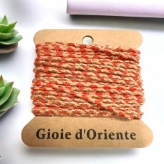 Cordoncino in cotone intrecciato, colori rosso pesca, filo lurex oro, 2mm, 4.5mt, marchio Gioie d'Oriente