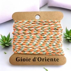 Cordoncino cotone intrecciato, verde menta pesca bianco e oro, 2mm, 4.5mt, marchio Gioie d'Oriente