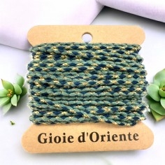 Cordoncino cotone intrecciato, verde blu e filo dorato, 2mm, 4.5mt, marchio Gioie d'Oriente