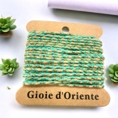 Cordoncino intrecciato cotone verde acqua e beige con filo oro, 2mm, 4.5mt, marchio Gioie d'Oriente