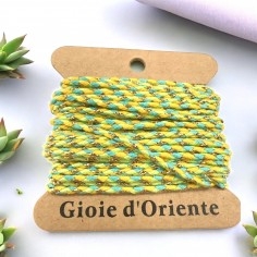 Cordoncino cotone intrecciato, giallo e verde acqua con filo oro, 2mm, 4.5mt, marchio Gioie d'Oriente