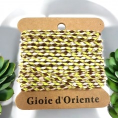 Cordoncino cotone intrecciato con marrone, panna, lime e filo oro, 2mm, 4.5mt, marchio Gioie d'Oriente