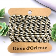 Cordoncino intrecciato cotone nero grigio e bianco con lurex oro, 2mm, 4.5mt, marchio Gioie d'Oriente